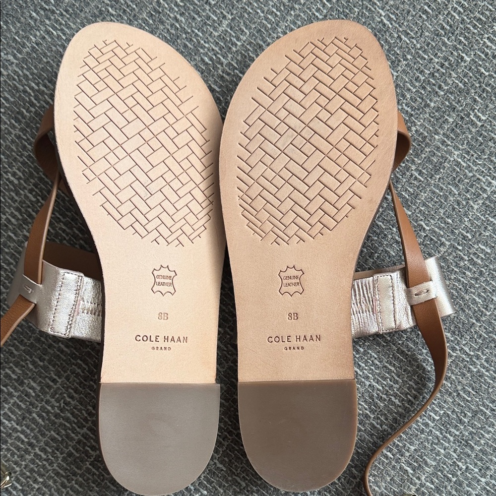 Cole Haan Tan Leather Sandals with Metallic Silver Strap - Picture 2 of 2